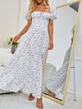 White Floral Off/On Shoulder Short Sleeve Maxi Dress Women’s XS